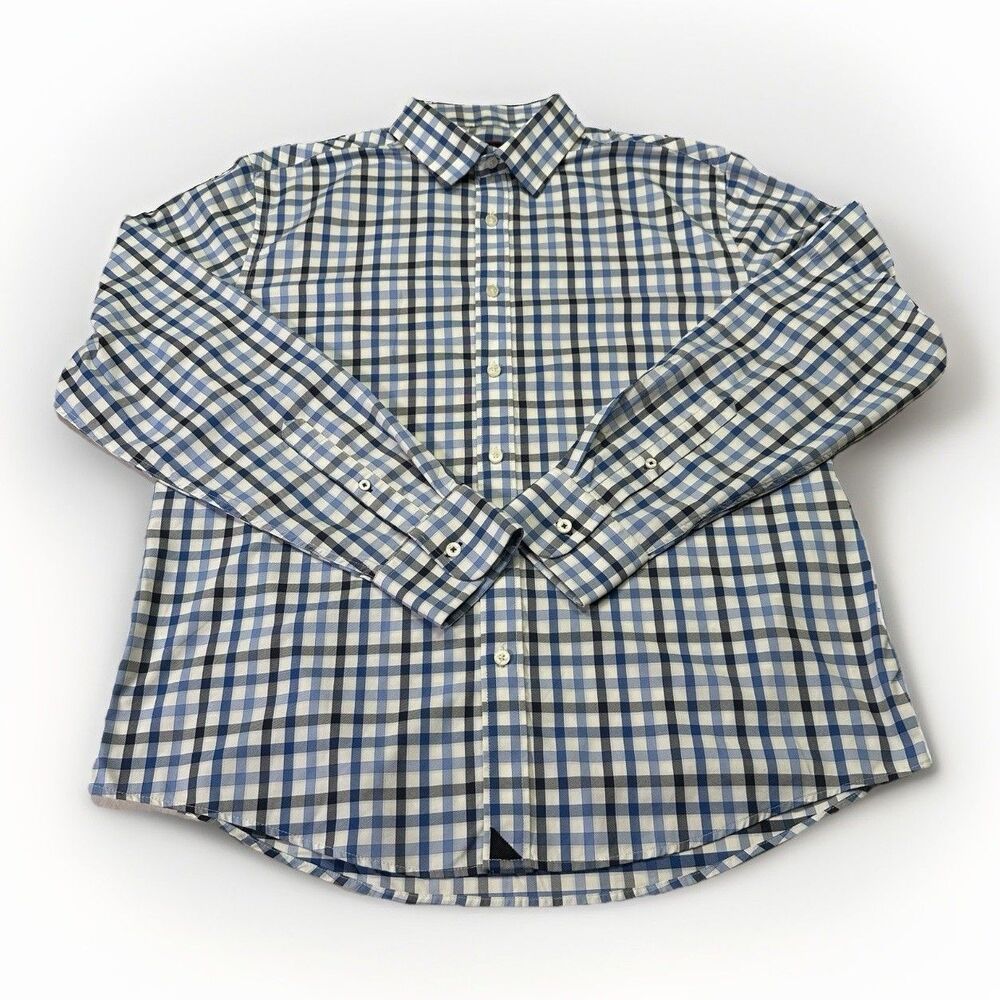 UNTUCKit Button Up Shirt Large Blue Check Plaid Stretch Casual Mens